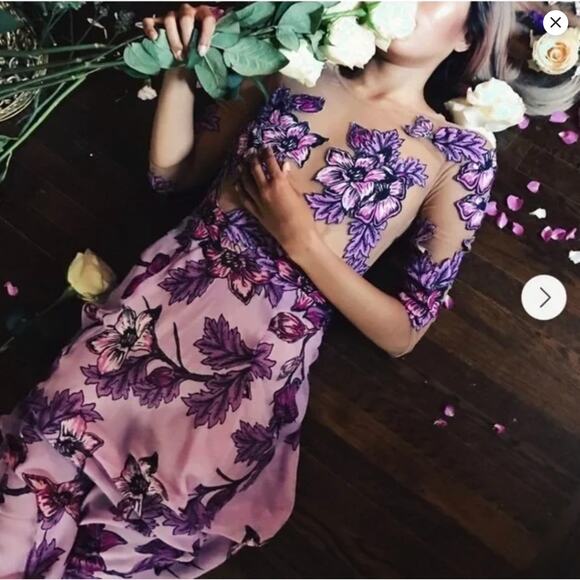 FOR LOVE AND LEMONS | Sierra Maxi Dress Silk Gown Floral Illusion Purple Small - Picture 1 of 7